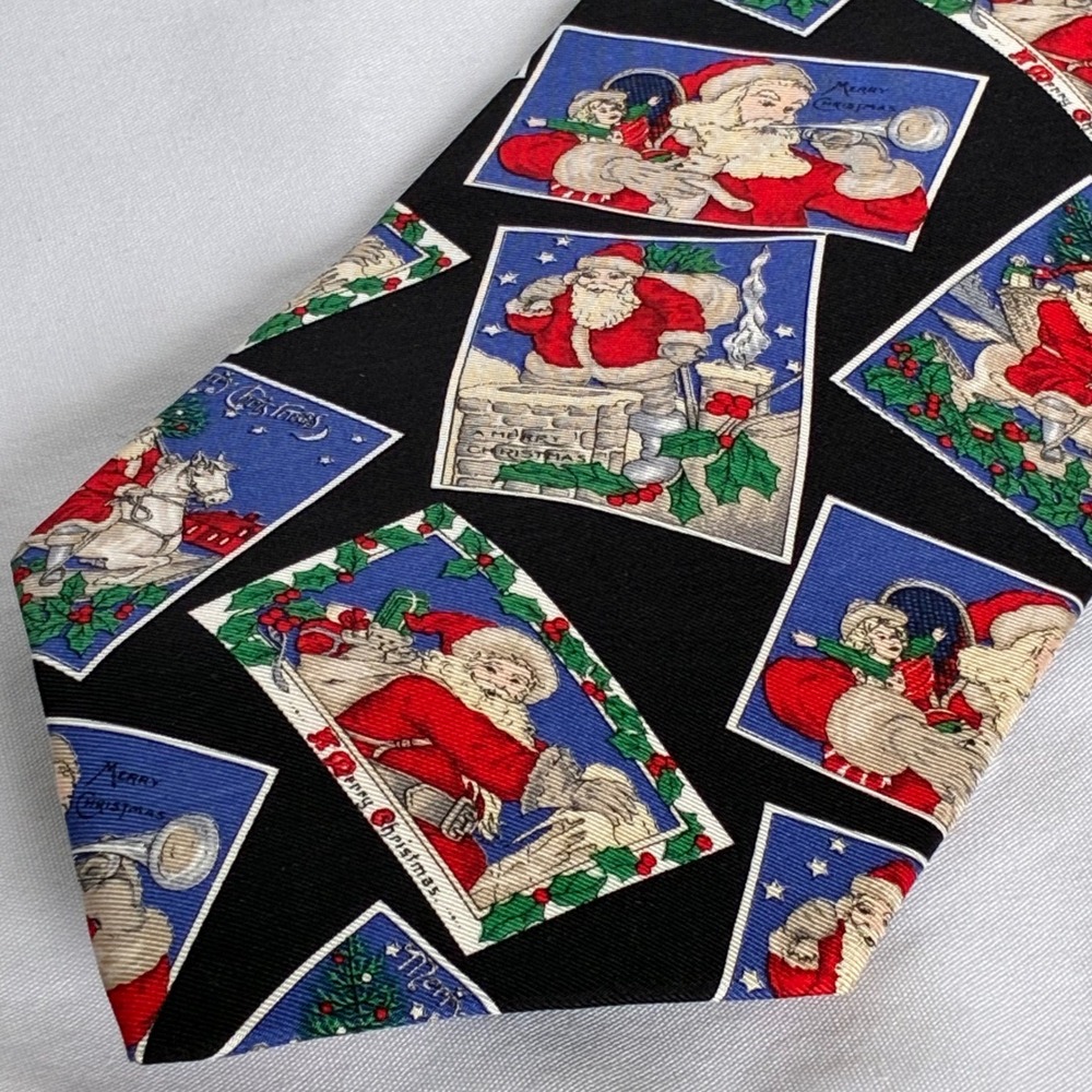 Carrot & Gibbs Necktie Santa Claus Stamp Silk Vtg Holiday Christmas Office Party